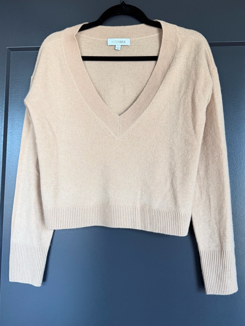 INTERMIX Women's V-Neck 100% Cashmere Sweater in Camel